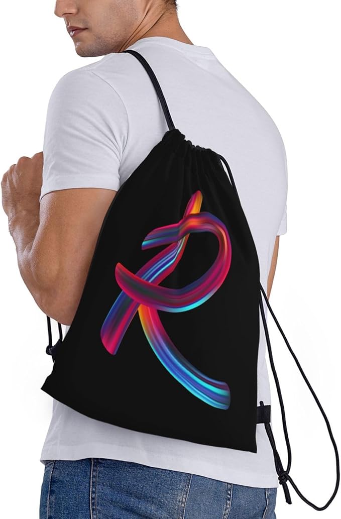 Drawstring Bags Initial Drawstring Backpack Sackpack Black Draw String Cinch Bags for Sports, Gym, Travel, Swimming, Beach, Camping, Rainbow Letter R